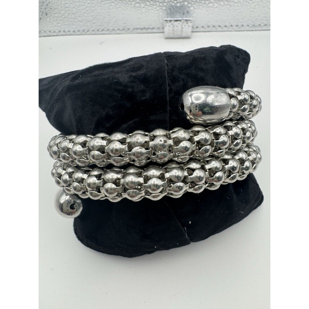 Silver Tone Beaded Coil Wrap Bracelet Stackable No Clasp Round Metal Beads
